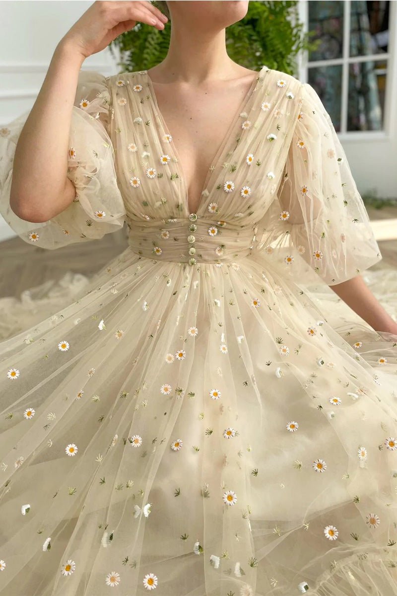 Elliott | A-Line V-Neck Engagement Dress with Sea of Daisies, Half Sleeves, and Pleats