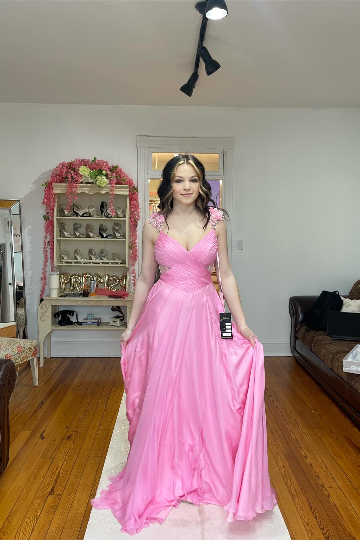 Pink V-Neck Pleated Chiffon A-Line Long Prom Dress