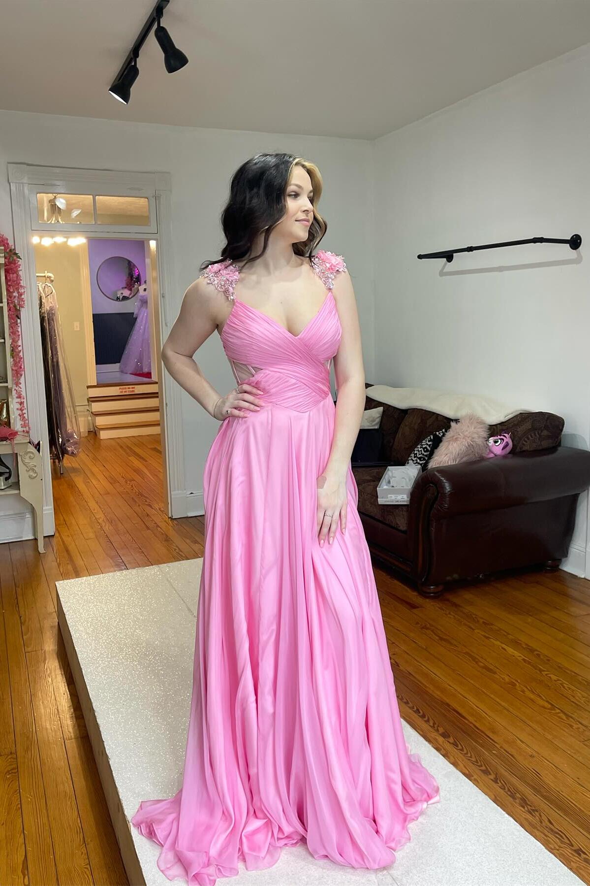 Pink V-Neck Pleated Chiffon A-Line Long Prom Dress