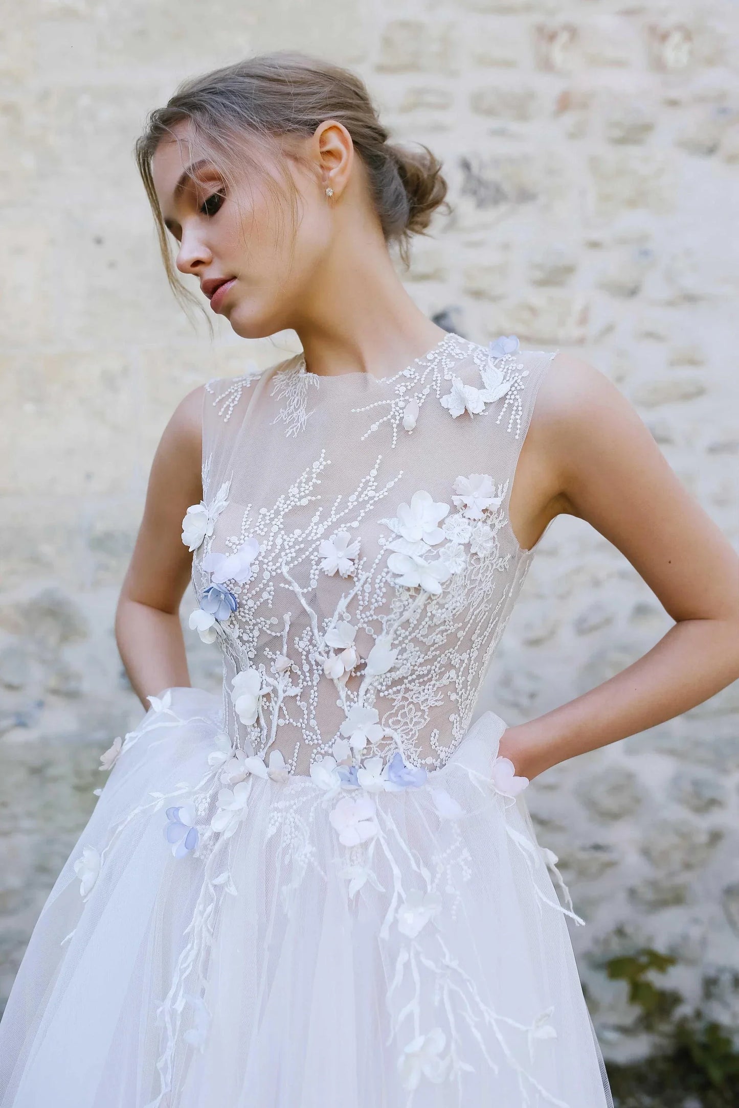 Sleeveless A-Line Tulle Dress with Jewel Neckline, Pleats, and Illusion Appliqués