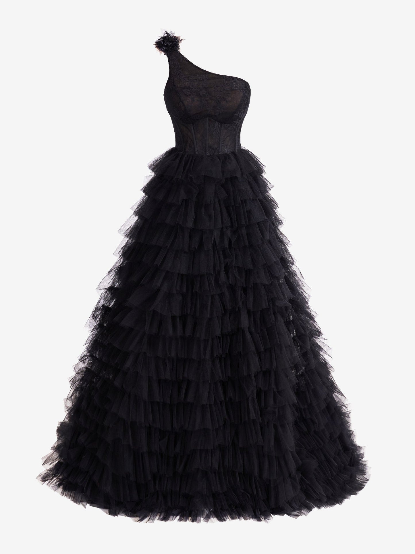 One-Shoulder Black A-Line Tiered Long Prom Dress Kinsley