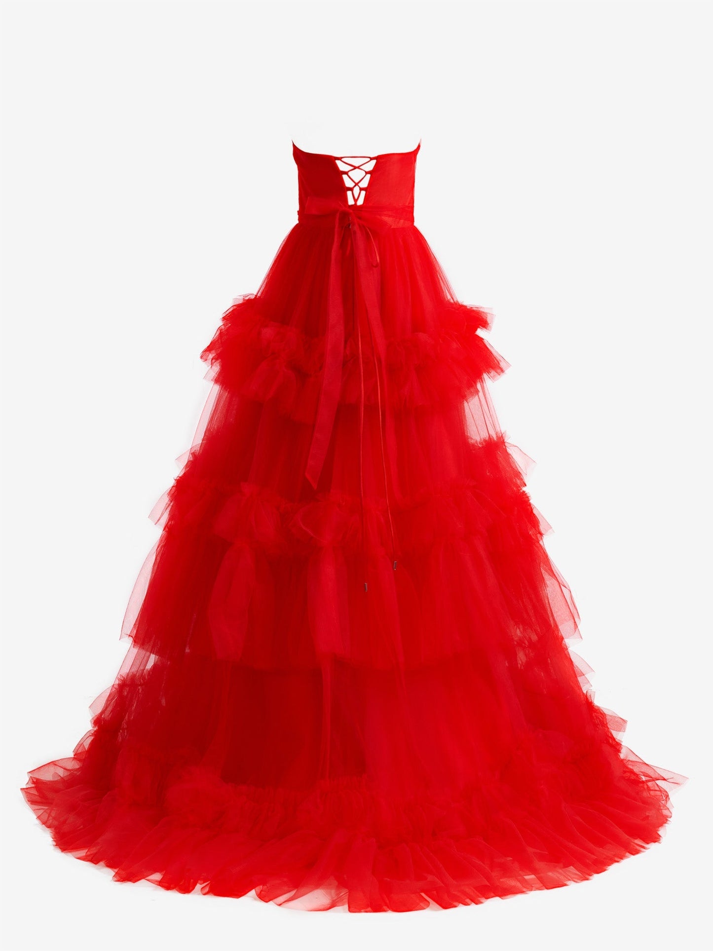 Matilda | Red Strapless A-Line Evening Dress with Multi-Tiered Ruffled Tulle