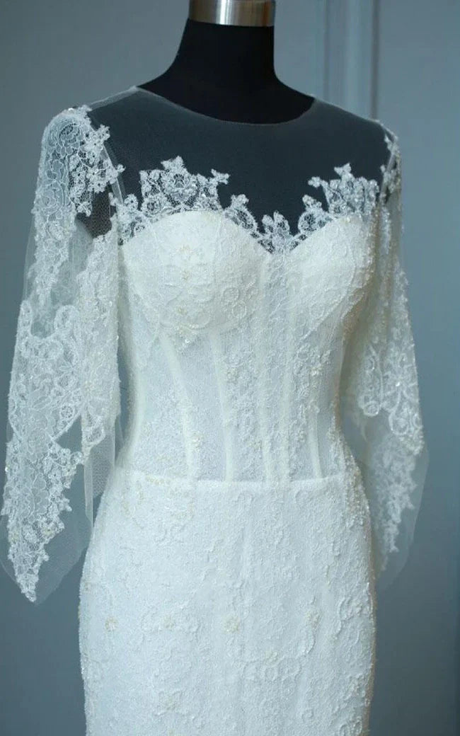 Isabelle | Mermaid Lace Dress with Half Sleeves, Bell Design, Sweep Train, and Keyhole Zipper Back