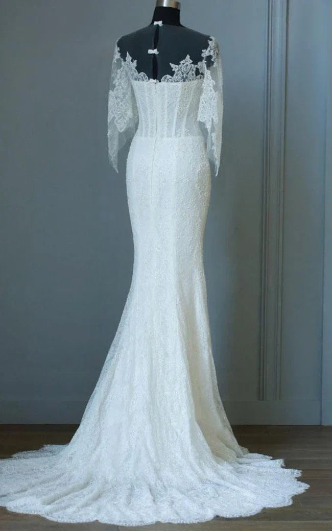 Isabelle | Mermaid Lace Dress with Half Sleeves, Bell Design, Sweep Train, and Keyhole Zipper Back