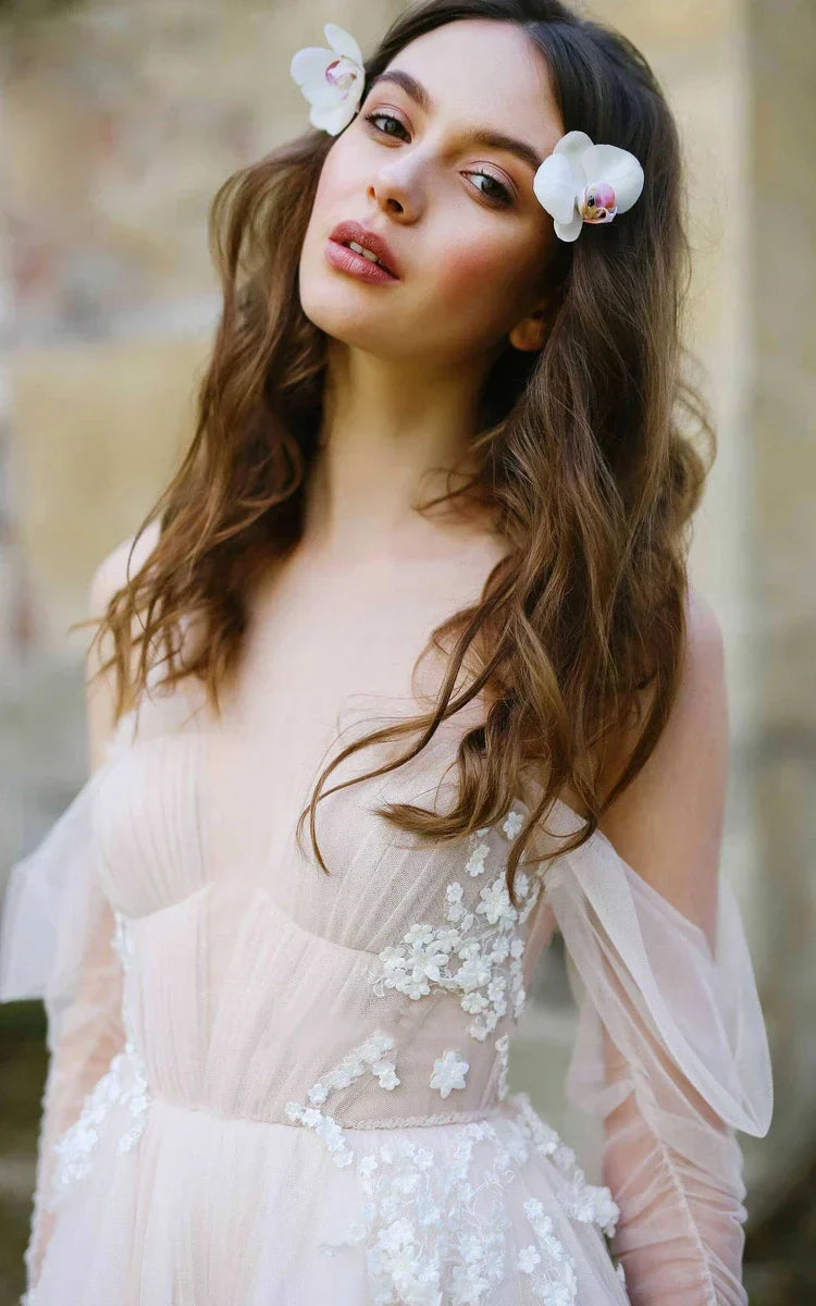 Romantic Illusion Off-the-Shoulder Tulle Wedding Dress with Flower Appliqués