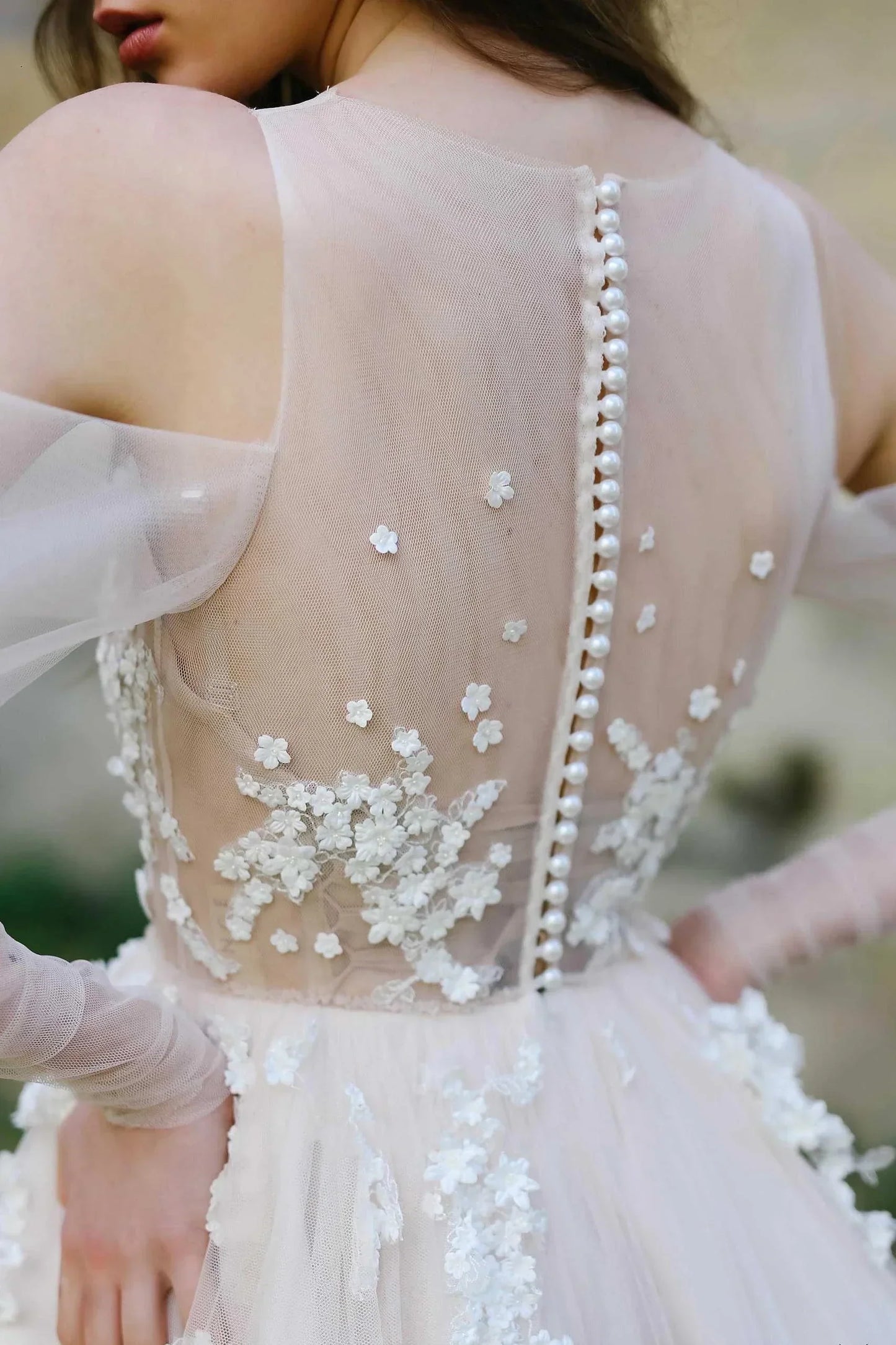 Romantic Illusion Off-the-Shoulder Tulle Wedding Dress with Flower Appliqués