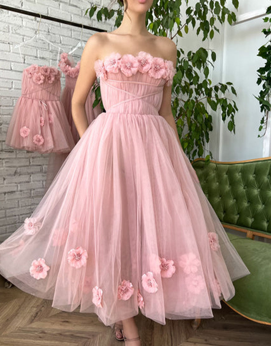 Pandora | Strapless Light Pink Princess Prom Dress with Floral Accents