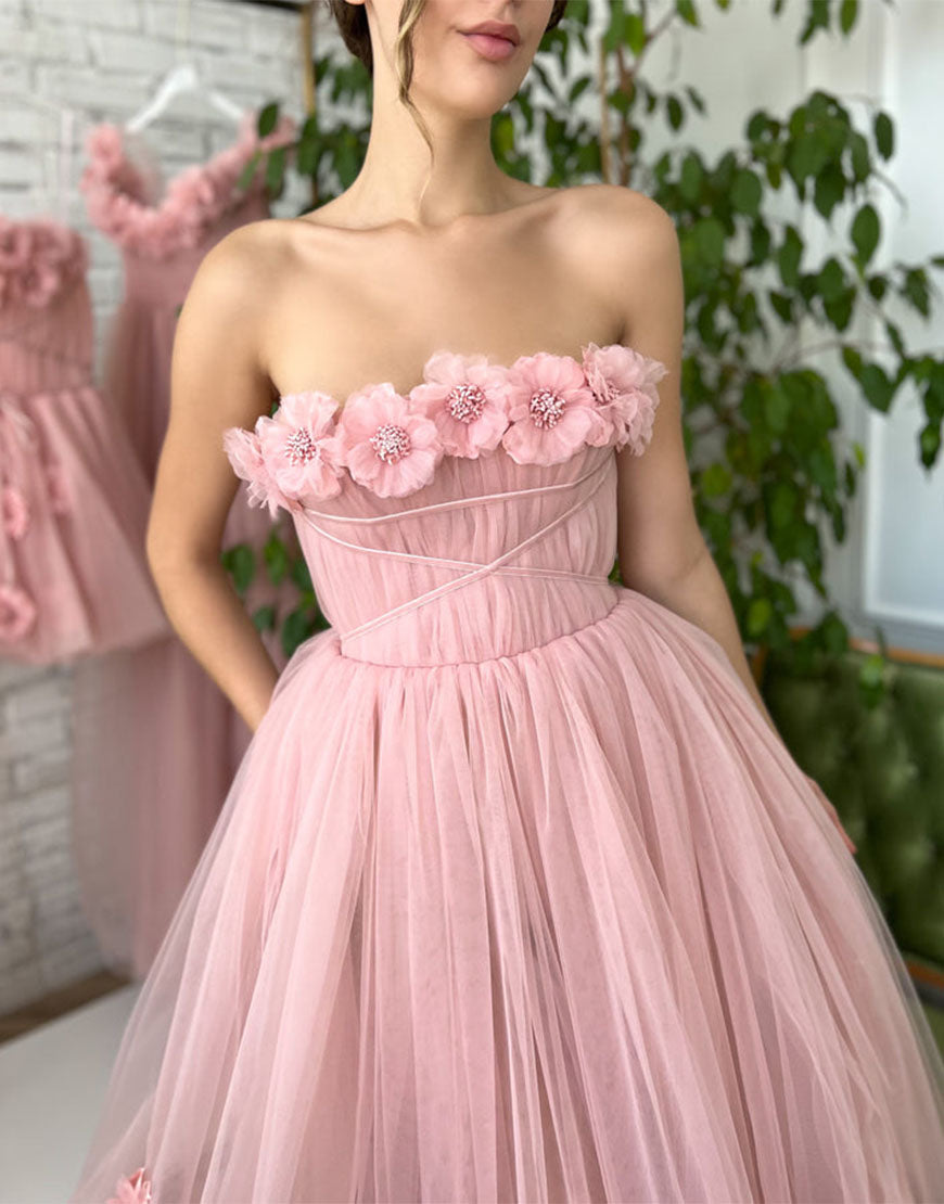 Pandora | Strapless Light Pink Princess Prom Dress with Floral Accents