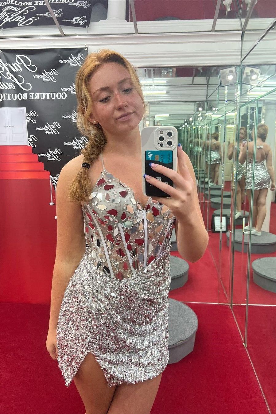 Nelly | Red Halter Sheath Homecoming Dress with Mirror-Cut Sequins and V-Neck