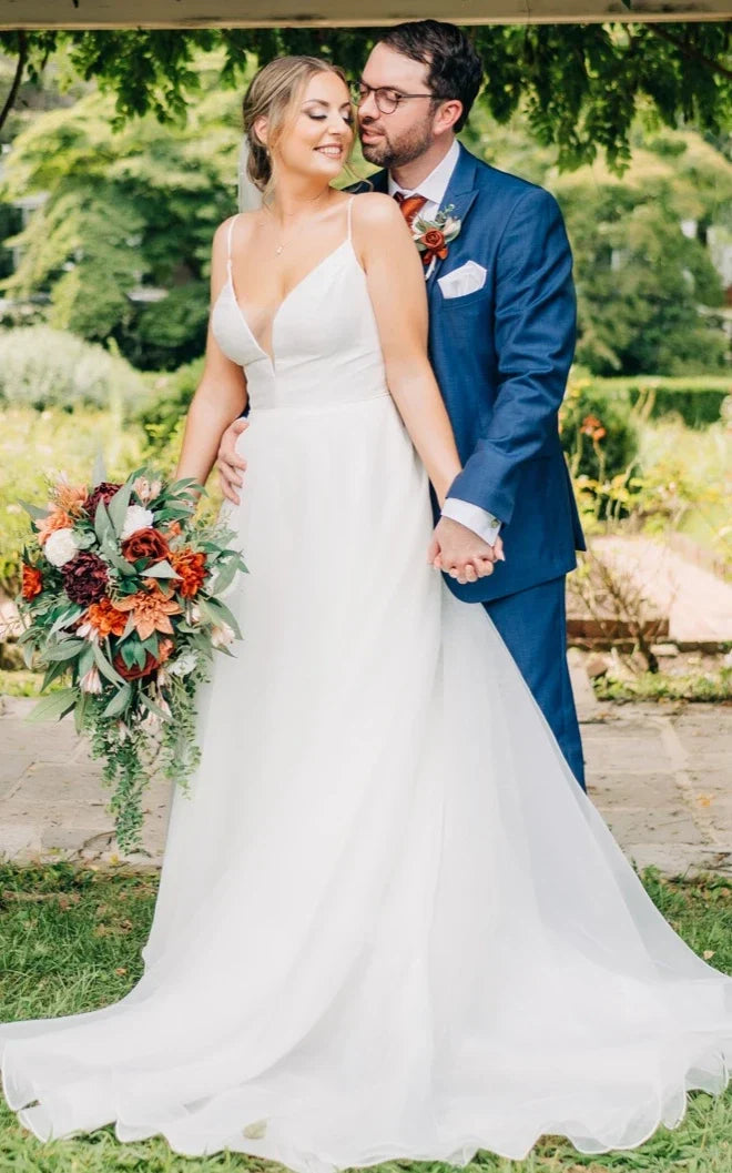 Isadora | Romantic Spaghetti Strap A-Line Satin Wedding Dress with V-Neck and Open Back