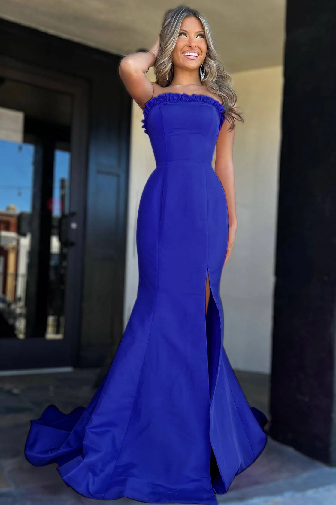 Denver | Magenta Strapless Ruffle Mermaid Prom Dress with Slit