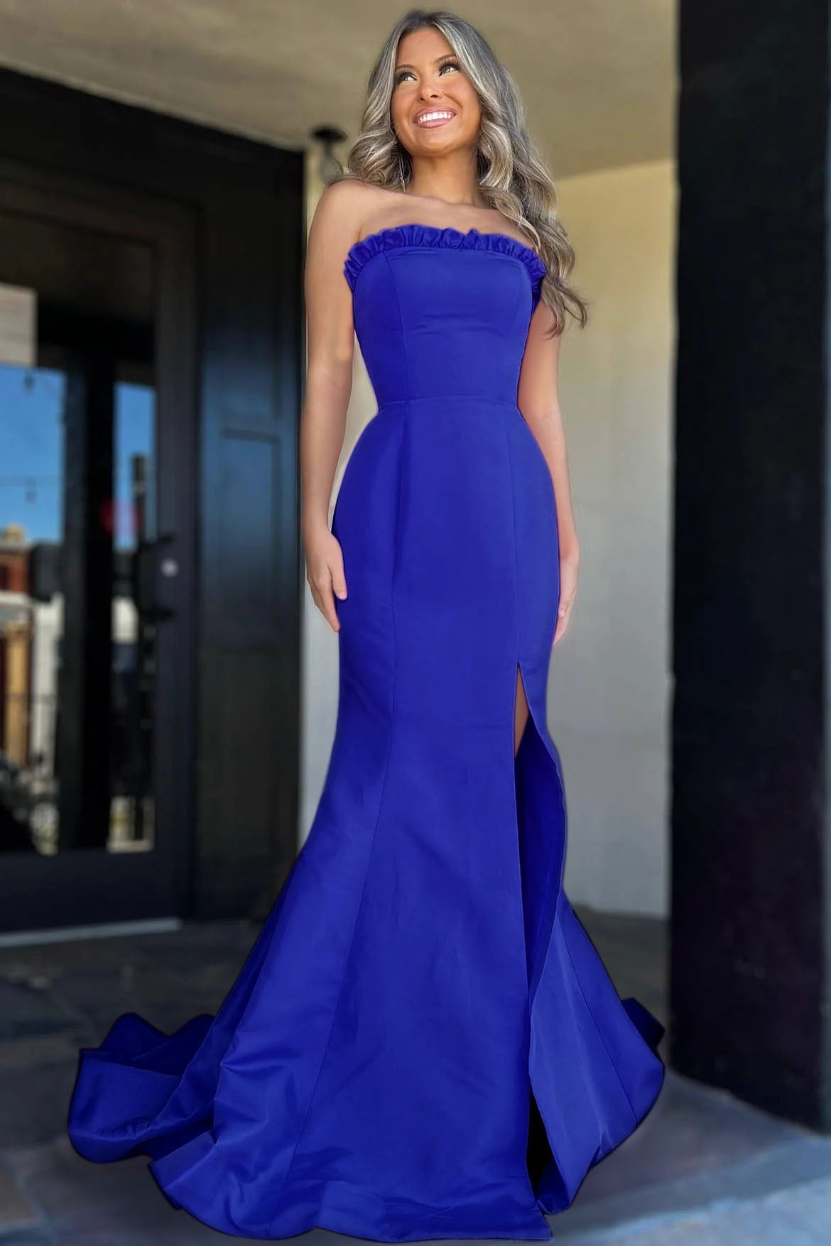 Denver | Magenta Strapless Ruffle Mermaid Prom Dress with Slit