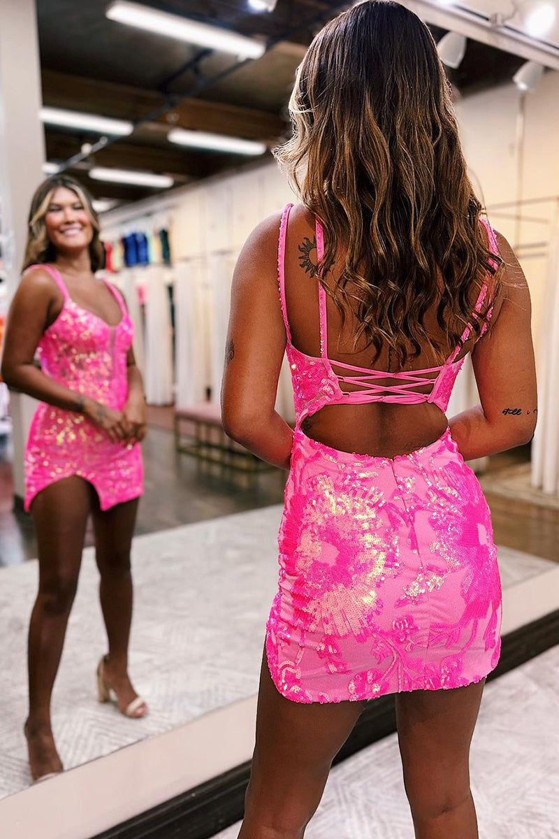 Short Homecoming Dress with Deep V-Neck, Sequins, and Appliqués