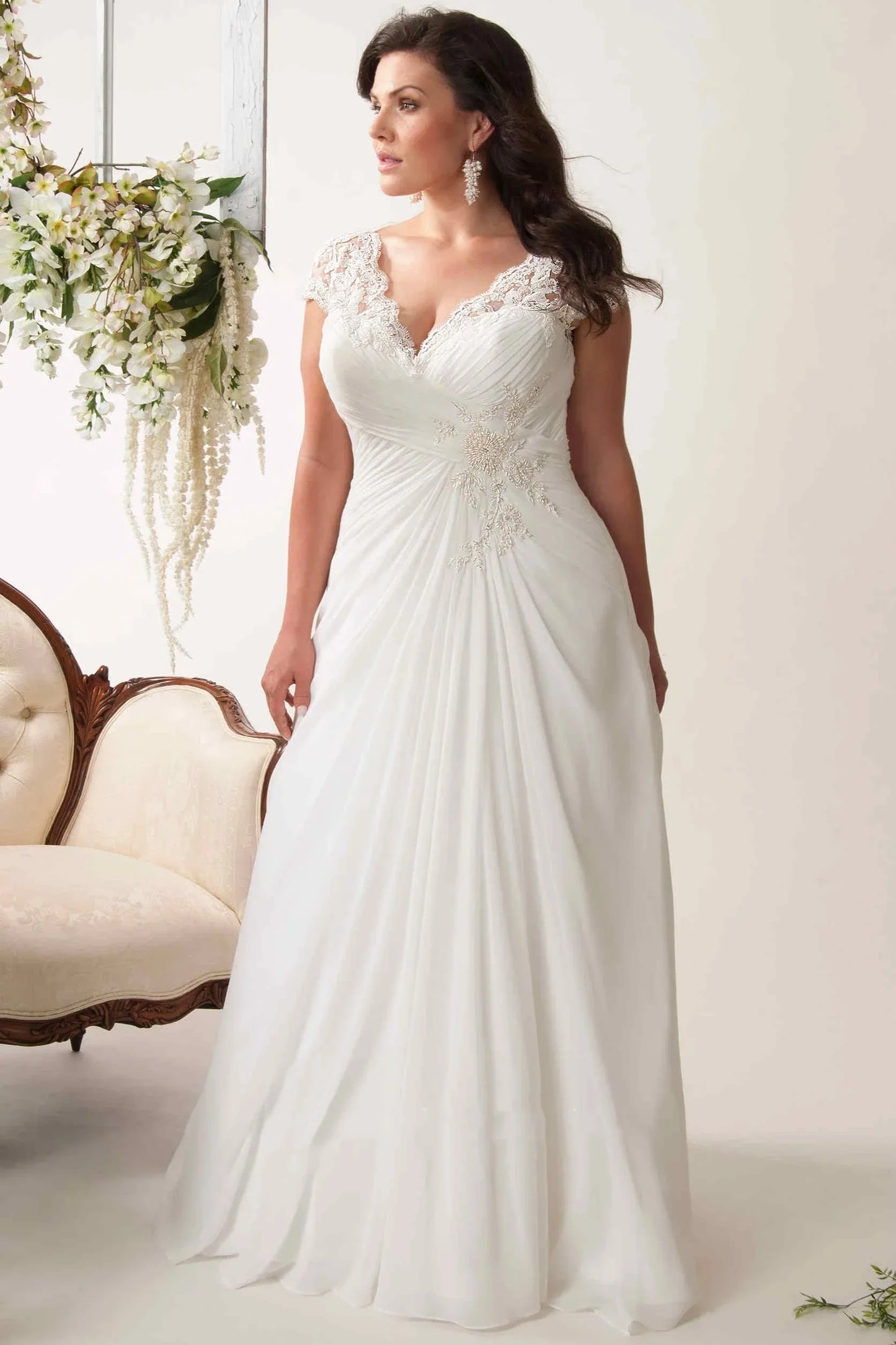 Sheath V-Neck Chiffon Wedding Dress with Appliquéd Cap Sleeves, Ruching, and Keyhole Back