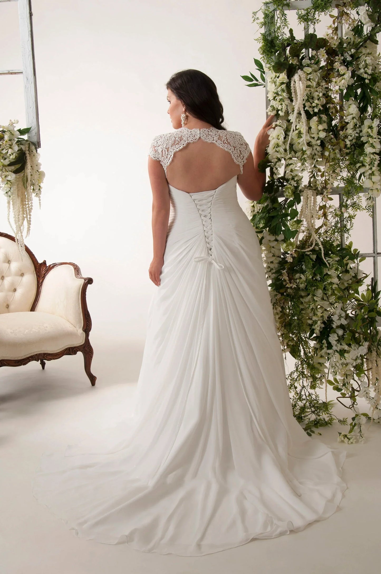 Sheath V-Neck Chiffon Wedding Dress with Appliquéd Cap Sleeves, Ruching, and Keyhole Back