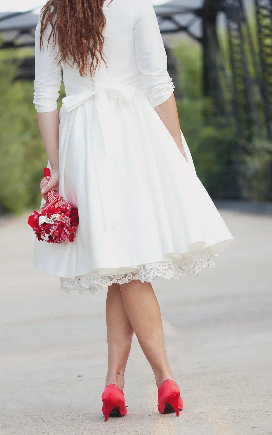 Mira | Knee-Length Wedding Dress with 3/4 Lace Sleeves