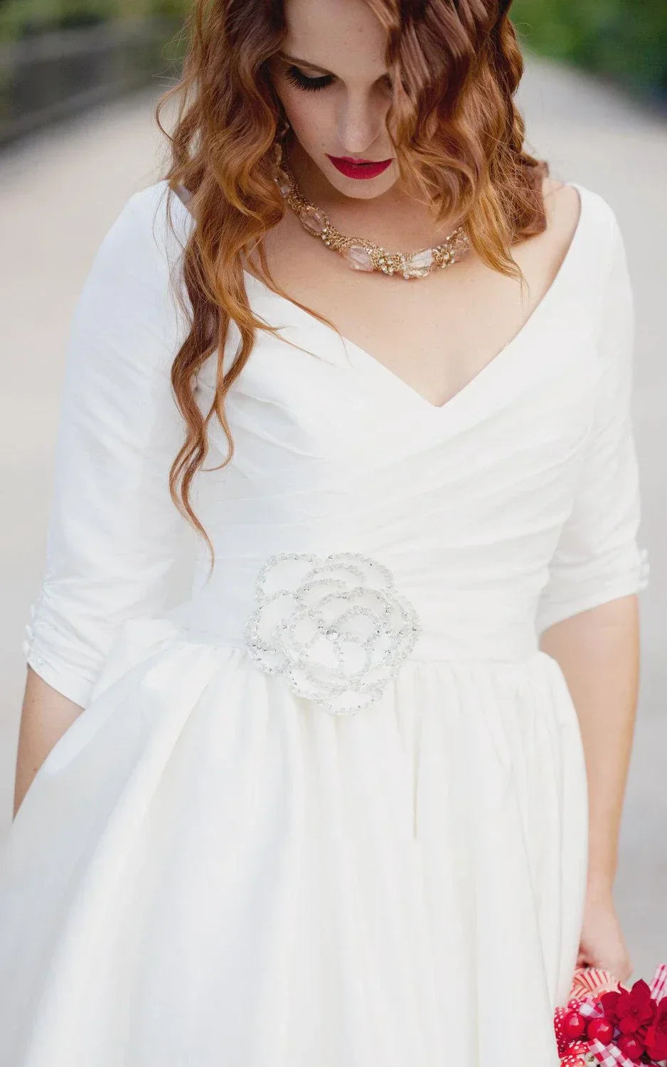 Mira | Knee-Length Wedding Dress with 3/4 Lace Sleeves