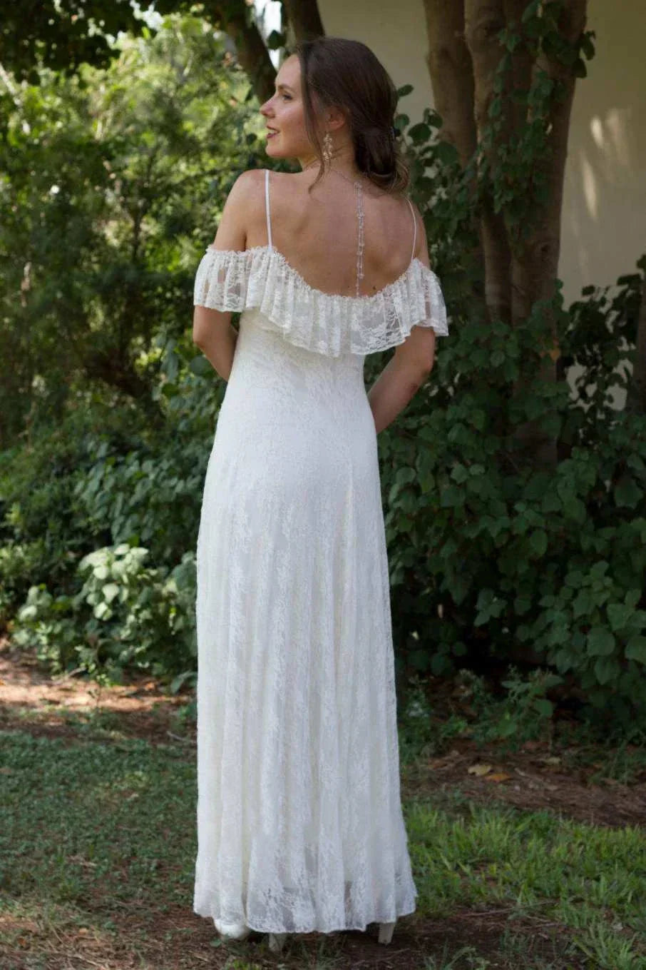 Off-the-Shoulder Lace Floor-Length Wedding Dress with Spaghetti Straps