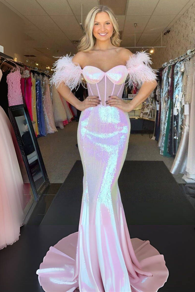 Charming Pink Mermaid Sweetheart Off-the-Shoulder Feathered Prom Dress