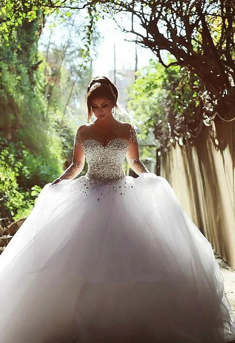 Vintage Long Sleeve Beaded Ball Gown Tulle Lace-Up Wedding Dress