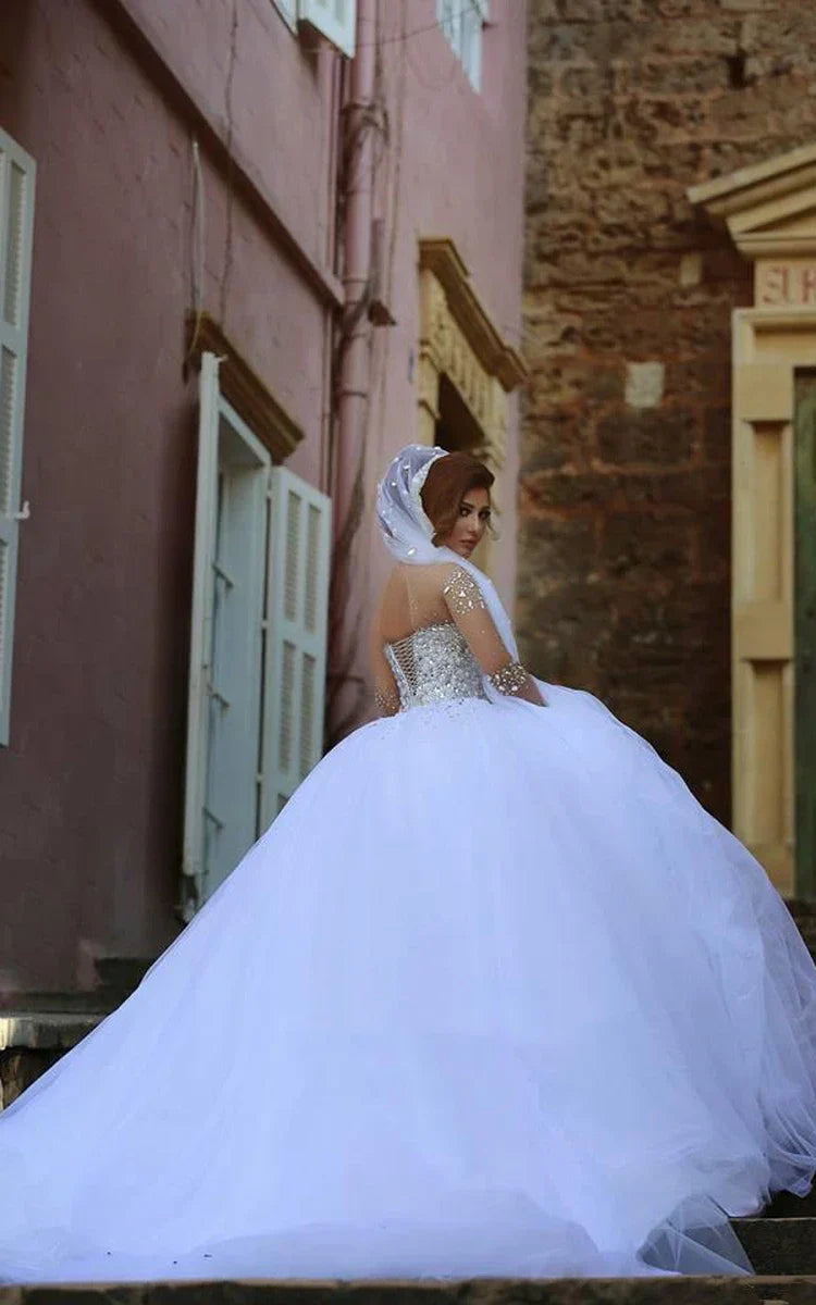 Vintage Long Sleeve Beaded Ball Gown Tulle Lace-Up Wedding Dress