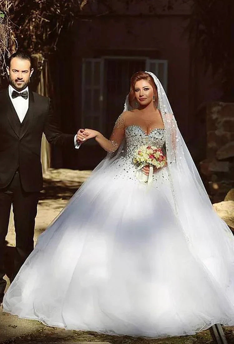 Vintage Long Sleeve Beaded Ball Gown Tulle Lace-Up Wedding Dress