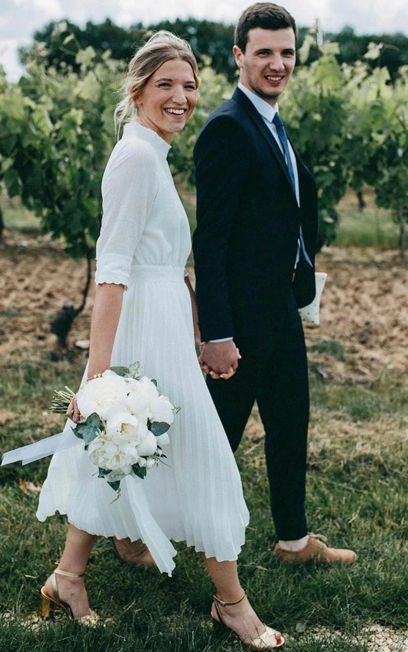 Vintage-Inspired Modest A-Line Tea-Length Wedding Dress with Long Sleeves and High Neck