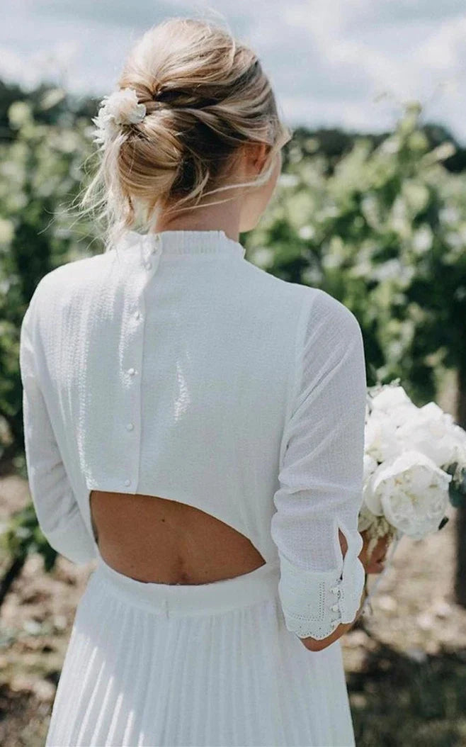 Vintage-Inspired Modest A-Line Tea-Length Wedding Dress with Long Sleeves and High Neck