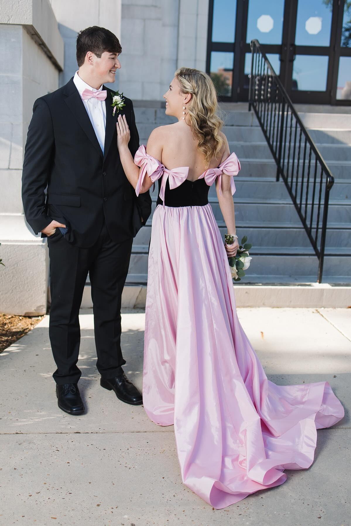 Cute Strapless Black Sheath Prom Dress with Pink Bow Accents