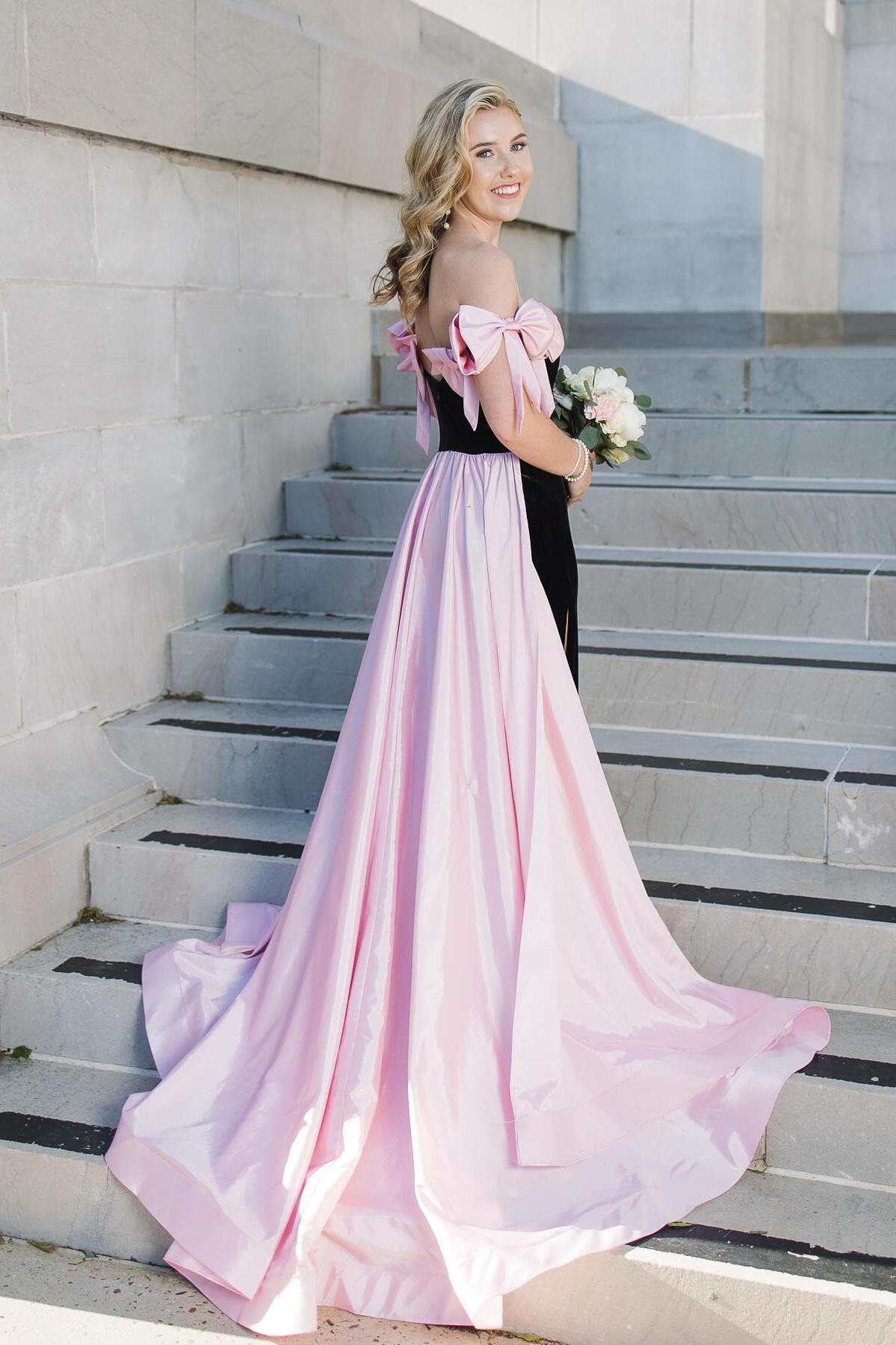 Cute Strapless Black Sheath Prom Dress with Pink Bow Accents