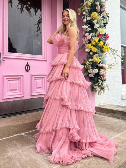 Vanessa | Pink Strapless A-Line Crinkled Tulle Prom Dress with Tiered Ruffles