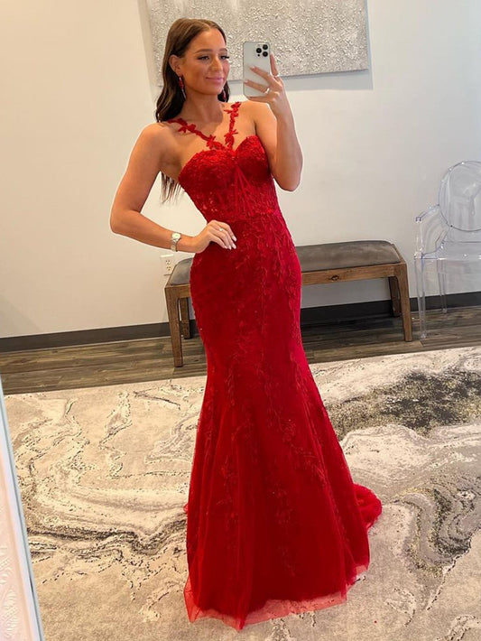 Morgan | Lace Red Halter Neck Mermaid Long Prom Dress