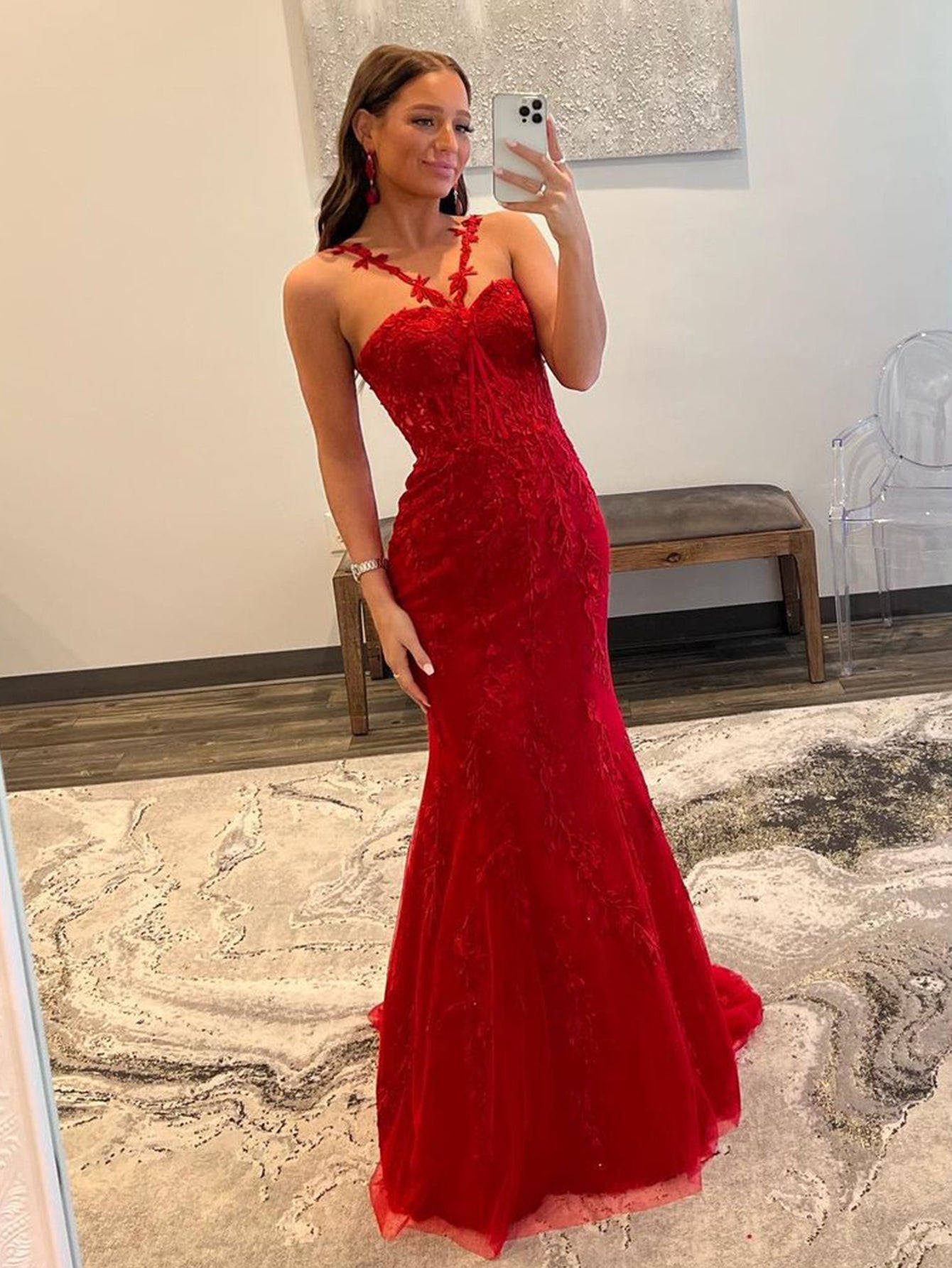 Morgan | Lace Red Halter Neck Mermaid Long Prom Dress