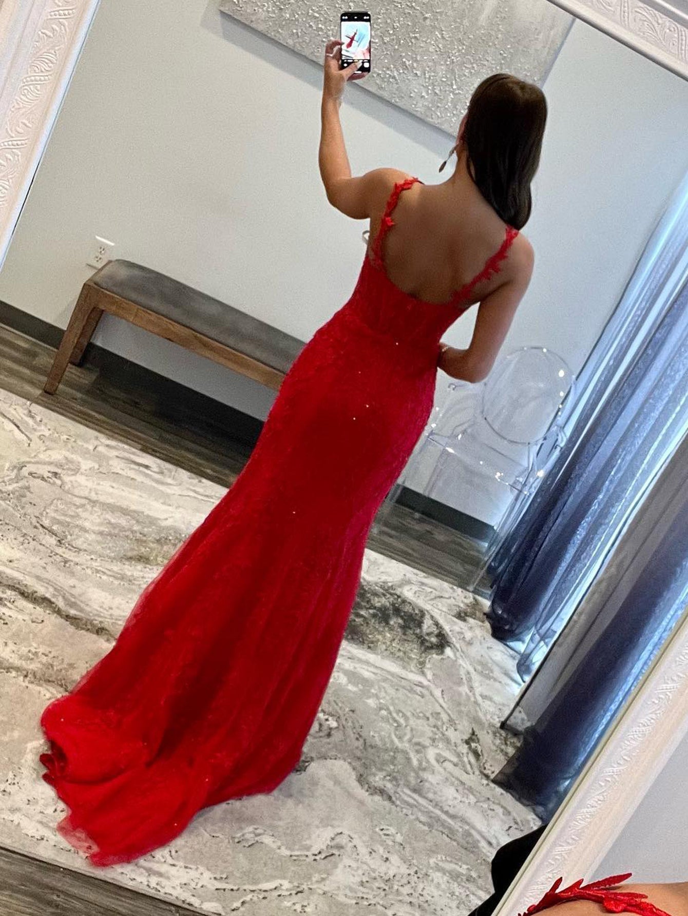 Morgan | Lace Red Halter Neck Mermaid Long Prom Dress