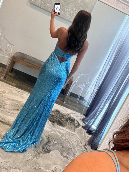 V-Neck Blue Cutout Mermaid Long Prom Dress