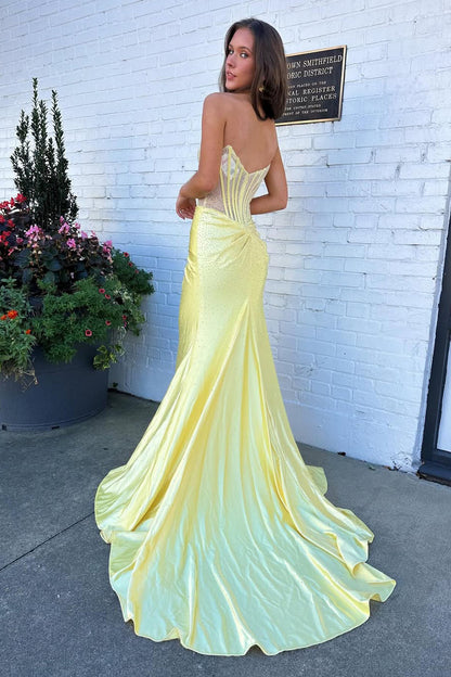 Mermaid Strapless Yellow Croset Satin Long Prom Dresses with Slit LD16012002