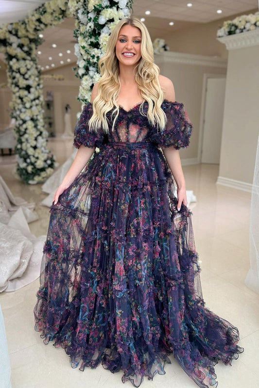 Fairy A Line Off the Shoulder Ruffle Printed Tulle Prom Dress LD062568