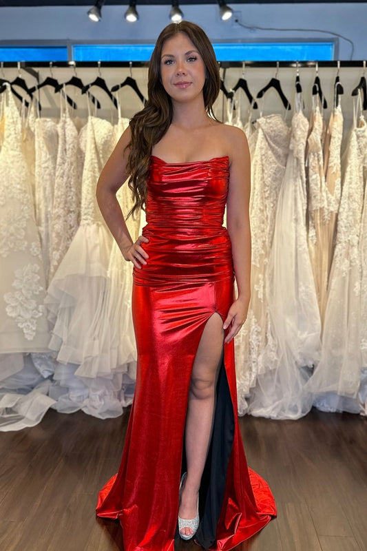 Chic Mermaid Strapless Red Metallic Satin Prom Dress with Slit