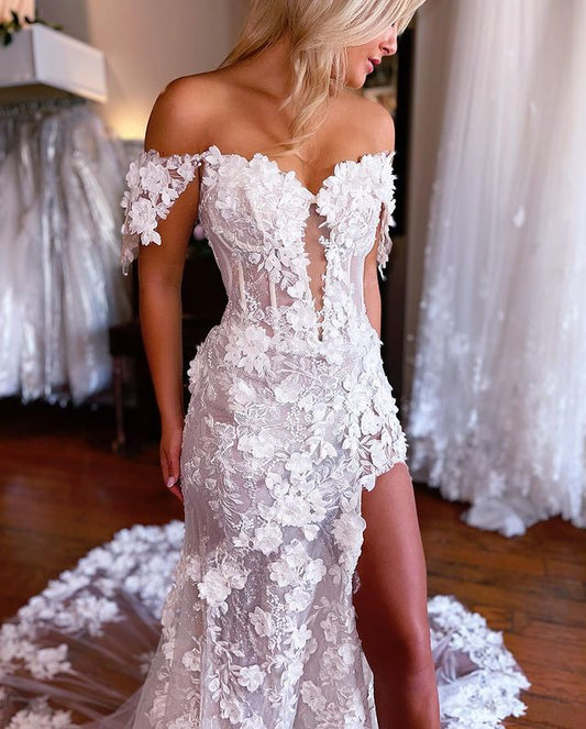 Off-the-Shoulder Lace Mermaid Prom Dress with Slit