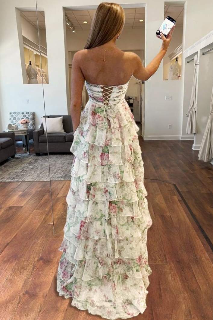 A-Line Strapless Floral Printed Empire-Waist Tiered Long Prom Dresses with Slit LD16011107