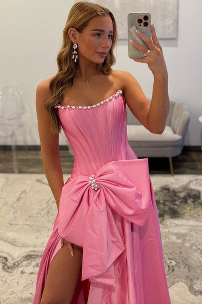 A-Line Strapless Hot Pink Satin Corset Long Prom Dresses with Bow LD16011106
