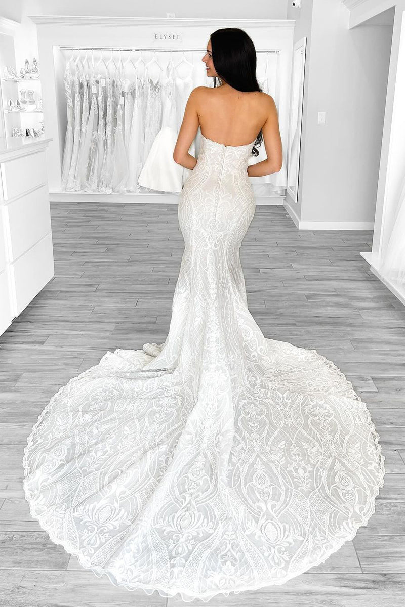 Strapless White Lace Mermaid Wedding Dress