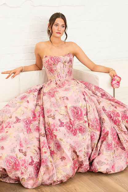 Pretty A-Line Strapless Jacquard Satin Corset Long Prom Dresses LD16011207