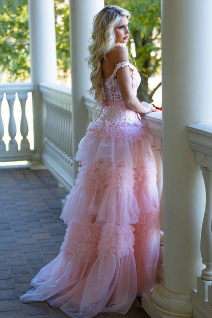 Ball Gown Off the Shoulder Pink Layered Ruffled Long Prom Dresses with Slit LD16011105
