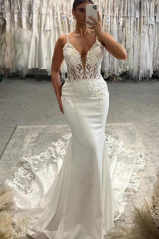 Charming Mermaid V Neck Wedding Dresses with Appliques LD070206