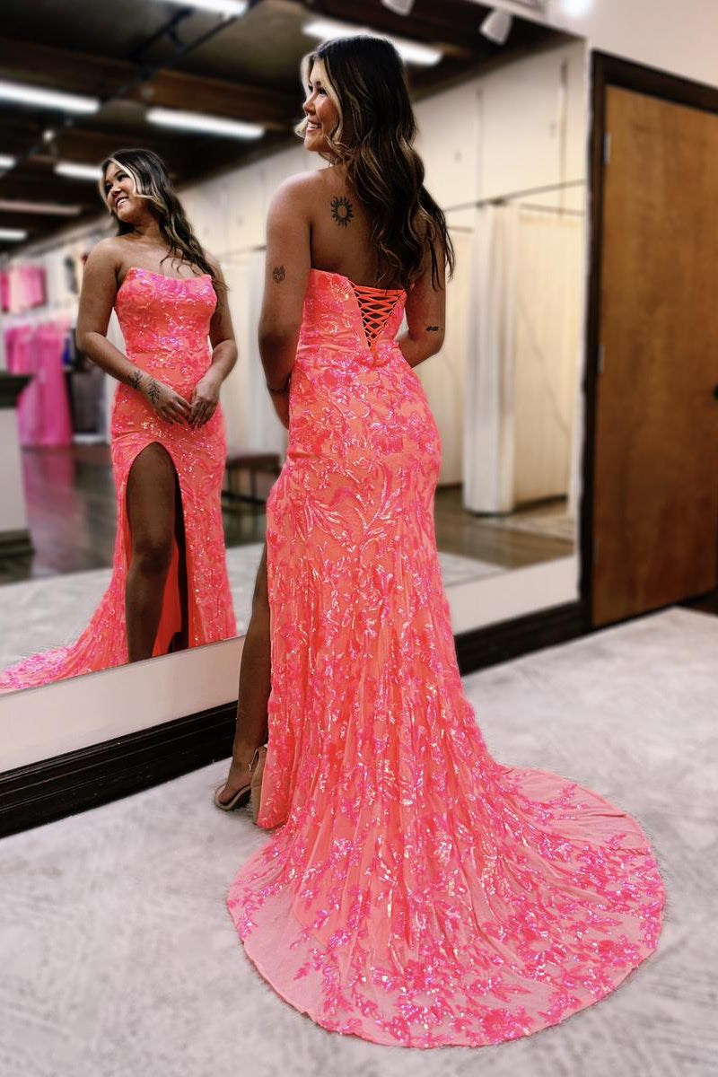 Charming Mermaid Strapless Pink Sequins Long Prom Dress with Slit LD062547