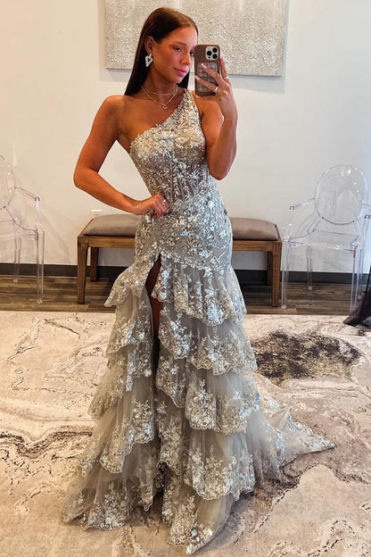 Mermaid One Shoulder Grey Sequins Prom Dress with Slit LD062579