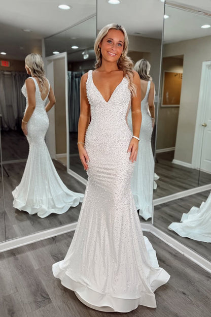 Mermaid V Neck White Satin Long Prom Dresses with Beadings LD16012004