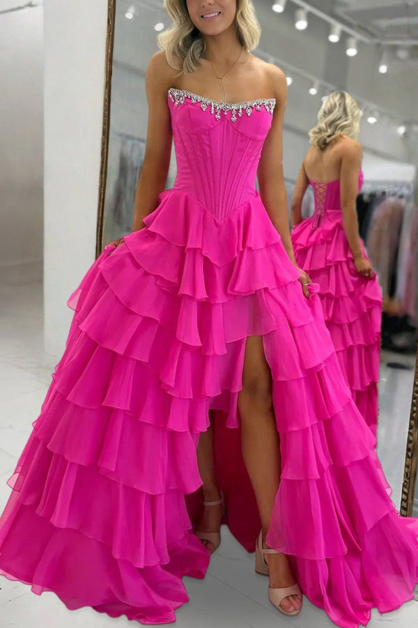 Charming A-Line Strapless Green Chiffon Tiered Long Prom Dresses with Slit  LD16010602