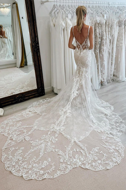 Elegant Mermaid V Neck Lace Wedding Dresses with Appliques LD063009